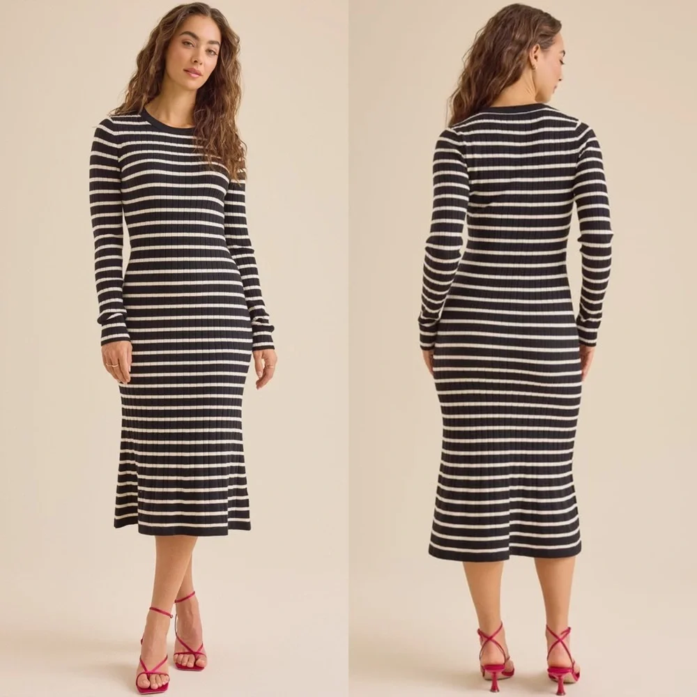 NEW HYFVE Black Striped Ribbed Midi Sweater Dress Flared Hem Size Medium
